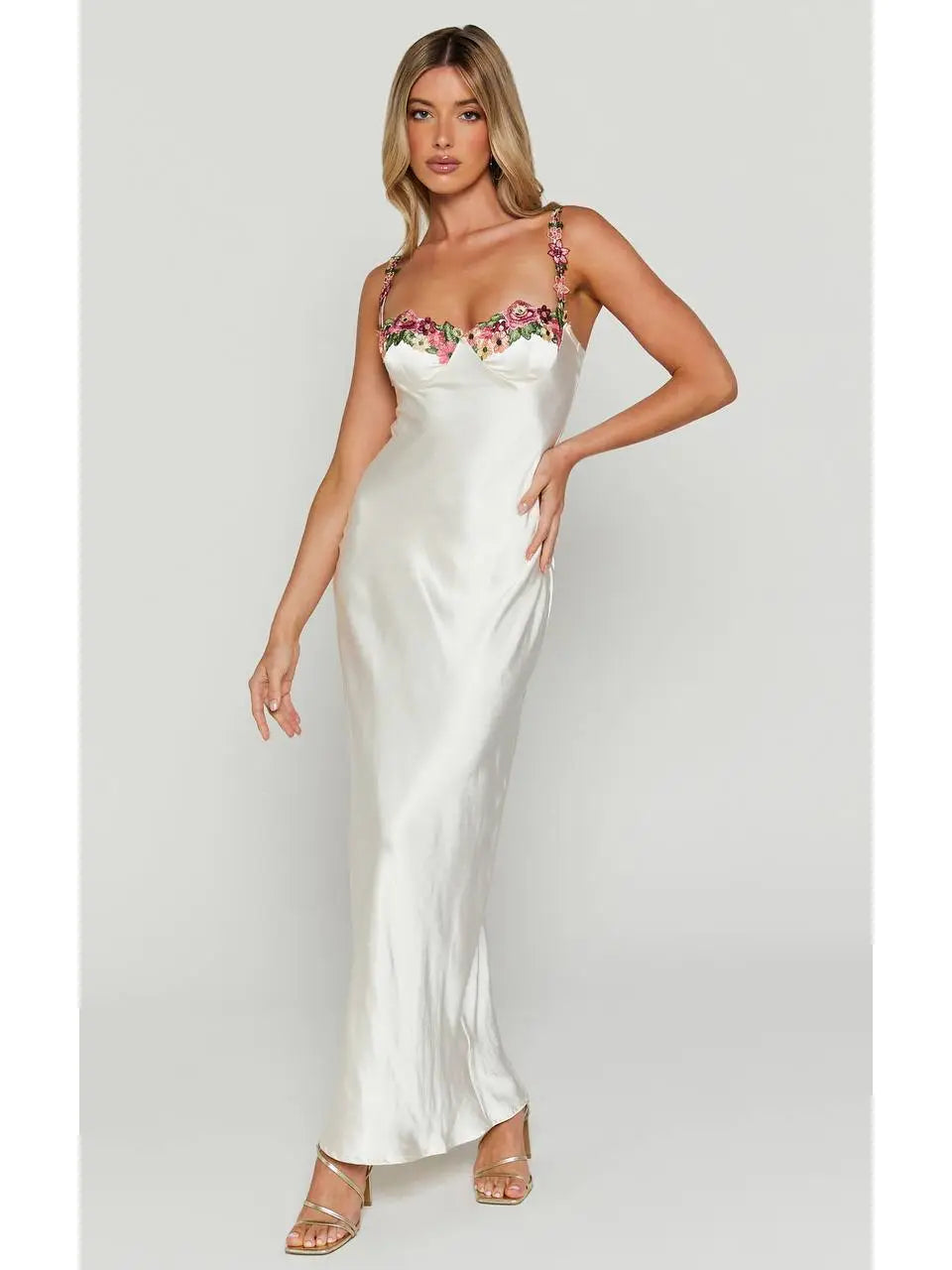 Floral Embroidered Satin Maxi Dress