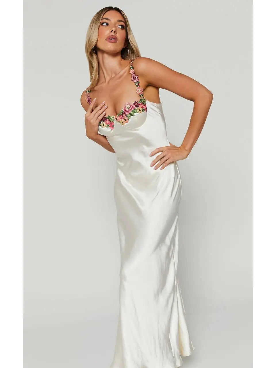 Floral Embroidered Satin Maxi Dress