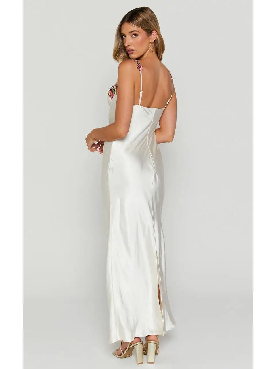 Floral Embroidered Satin Maxi Dress