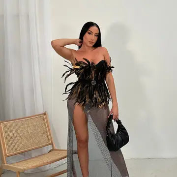Luxurious Life Feather Maxi Dress - Black