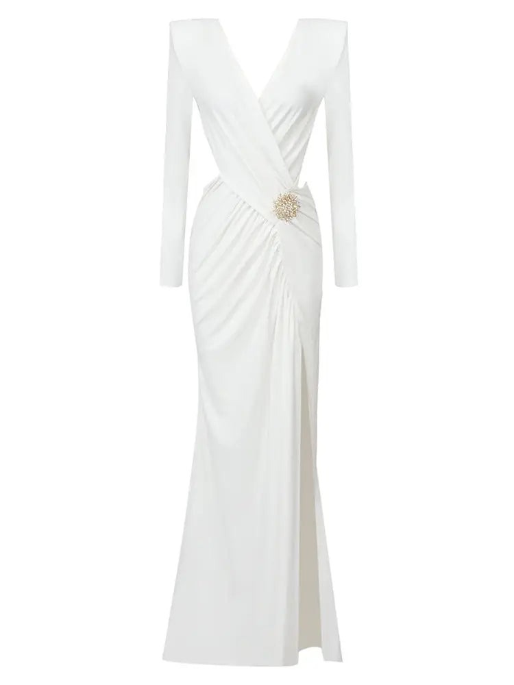 Pleating Hollow Out Cross Dress V-Neck Long Sleeve White Dress