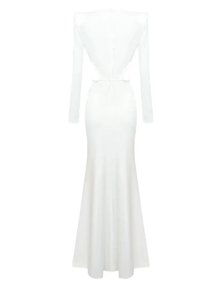 Pleating Hollow Out Cross Dress V-Neck Long Sleeve White Dress